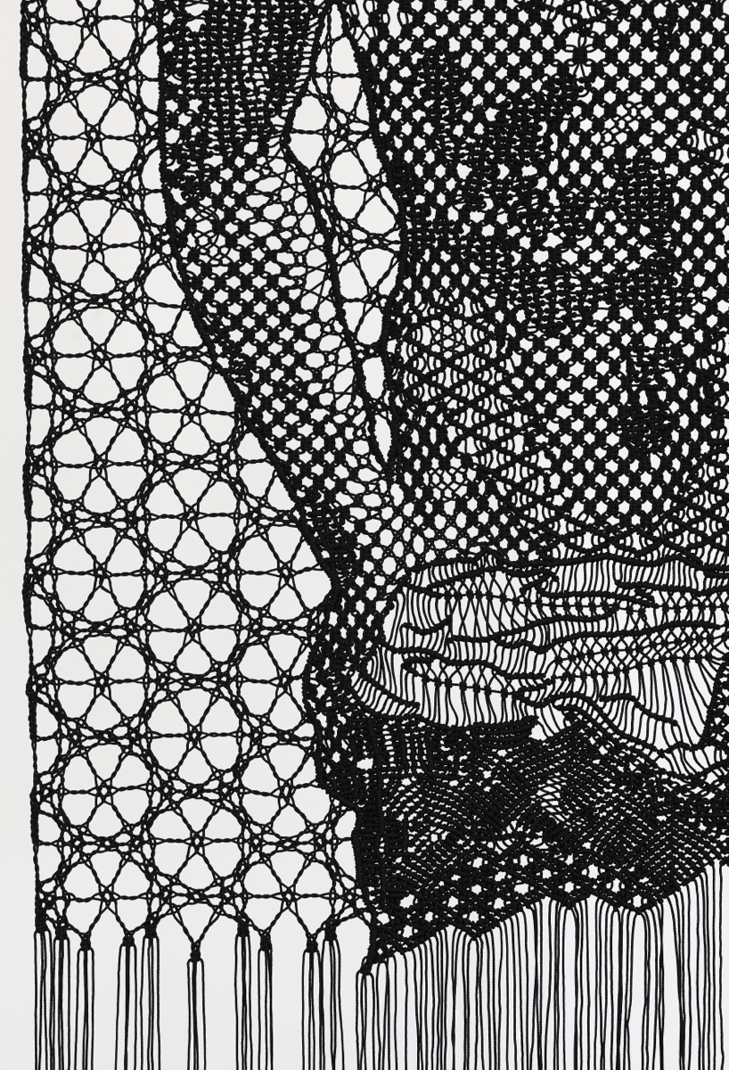 Pierre Fouché. The Judgment of Paris (after Wtewael) (2013). Macramé and bobbin lace in polyester braid. 800 x 2000mm. Private collection