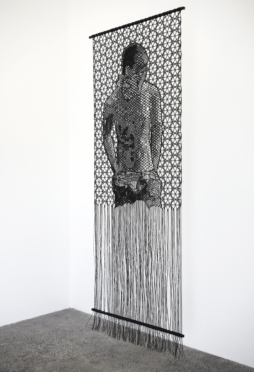 Pierre Fouché. The Judgment of Paris (after Wtewael) (2013). Macramé and bobbin lace in polyester braid. 800 x 2000mm.