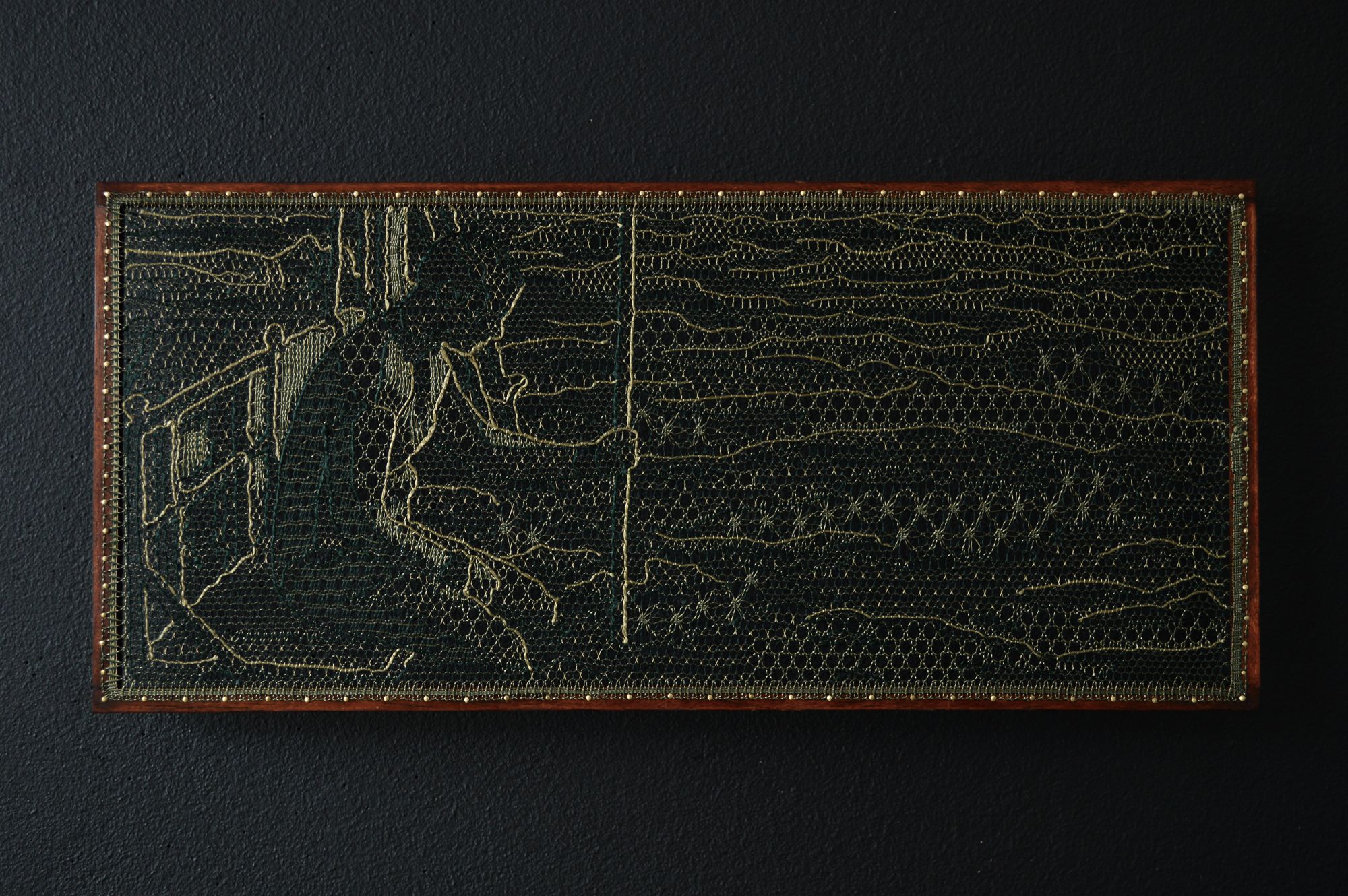 Pierre Fouché . James. 2015. Silk floss, wood, brass pins. 144 x 328mm. Private collection.