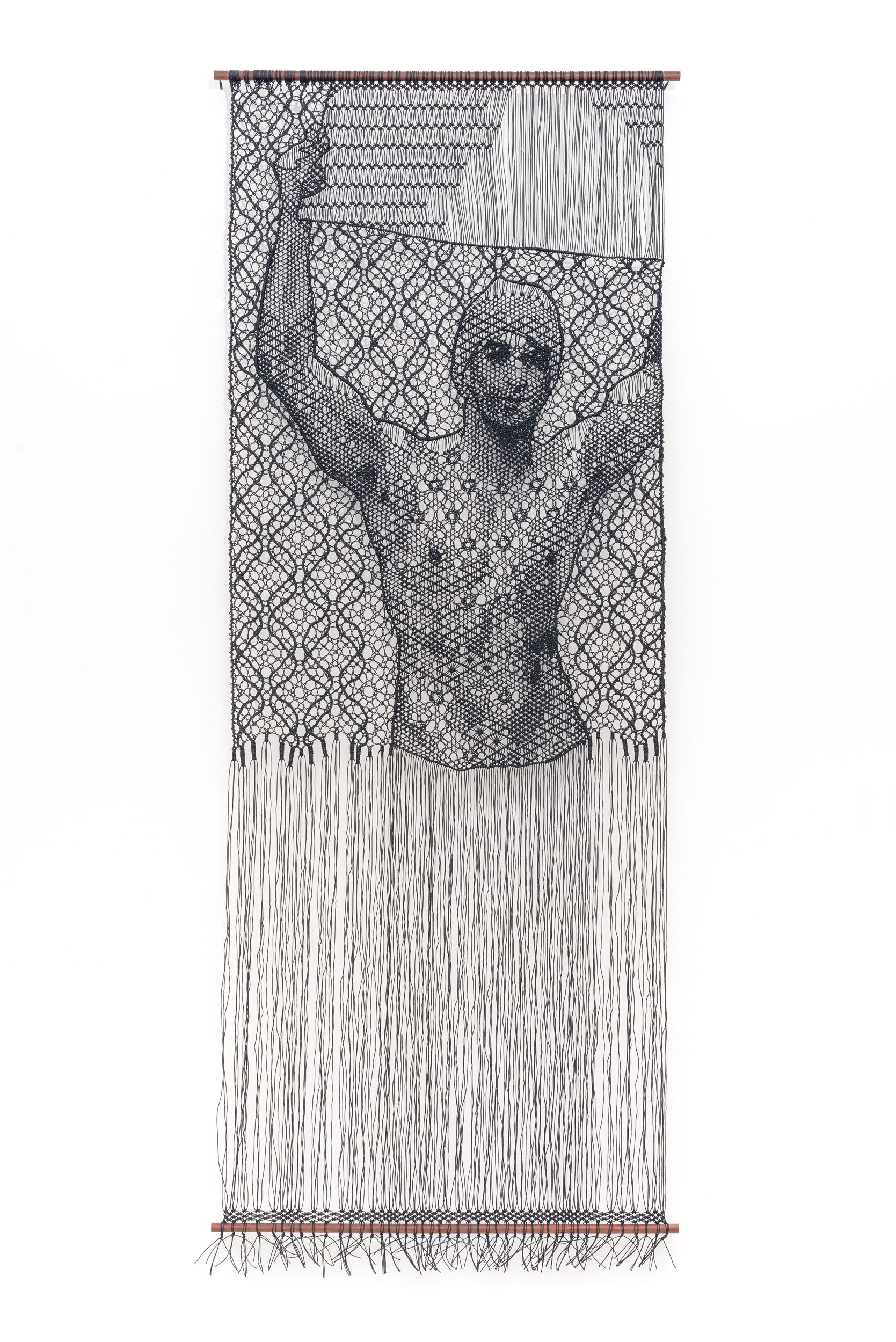 Pierre Fouché. The Judgment of Paris (after Wtewael) III. 2018. Bobbin lace and macramé in polyester braid, wood. 208 x 80cm. Private collection.